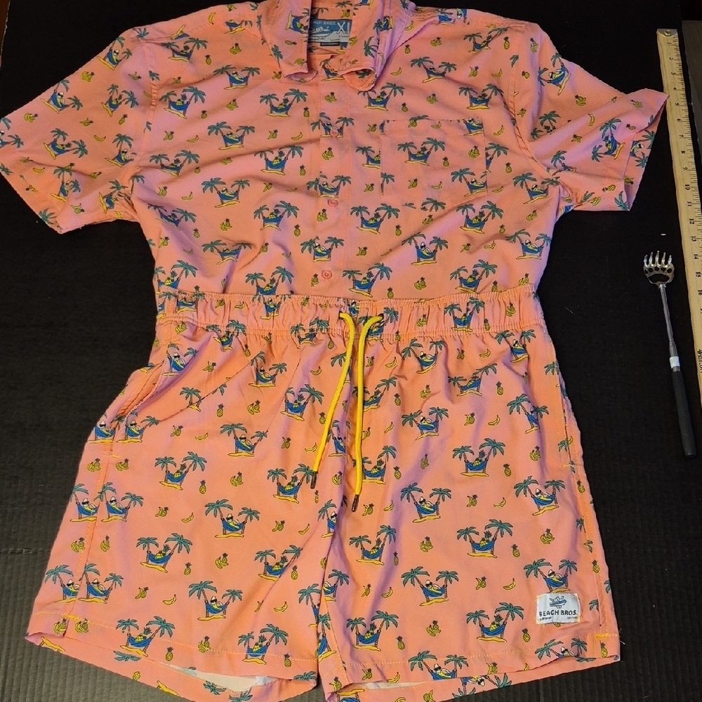 💣BEACH BROS SURF SHOP Pink Palm Tree Print Shirt and Shorts Set
